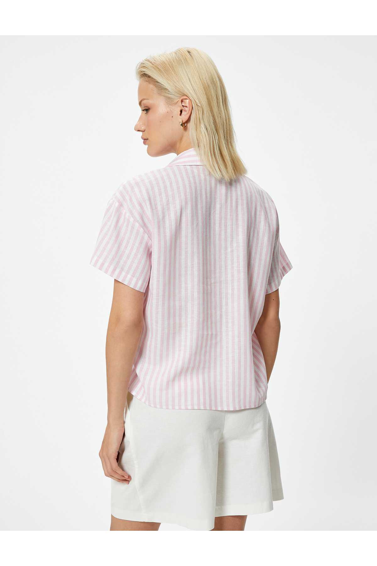 پیراهن کتانی آستین کوتاه تک جیب با جزئیات