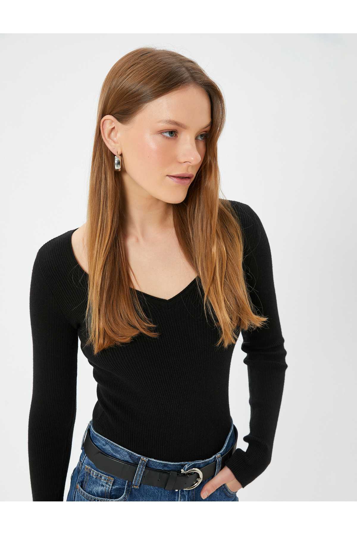 ژاکت بافتنی یقه مربعی آستین بلند