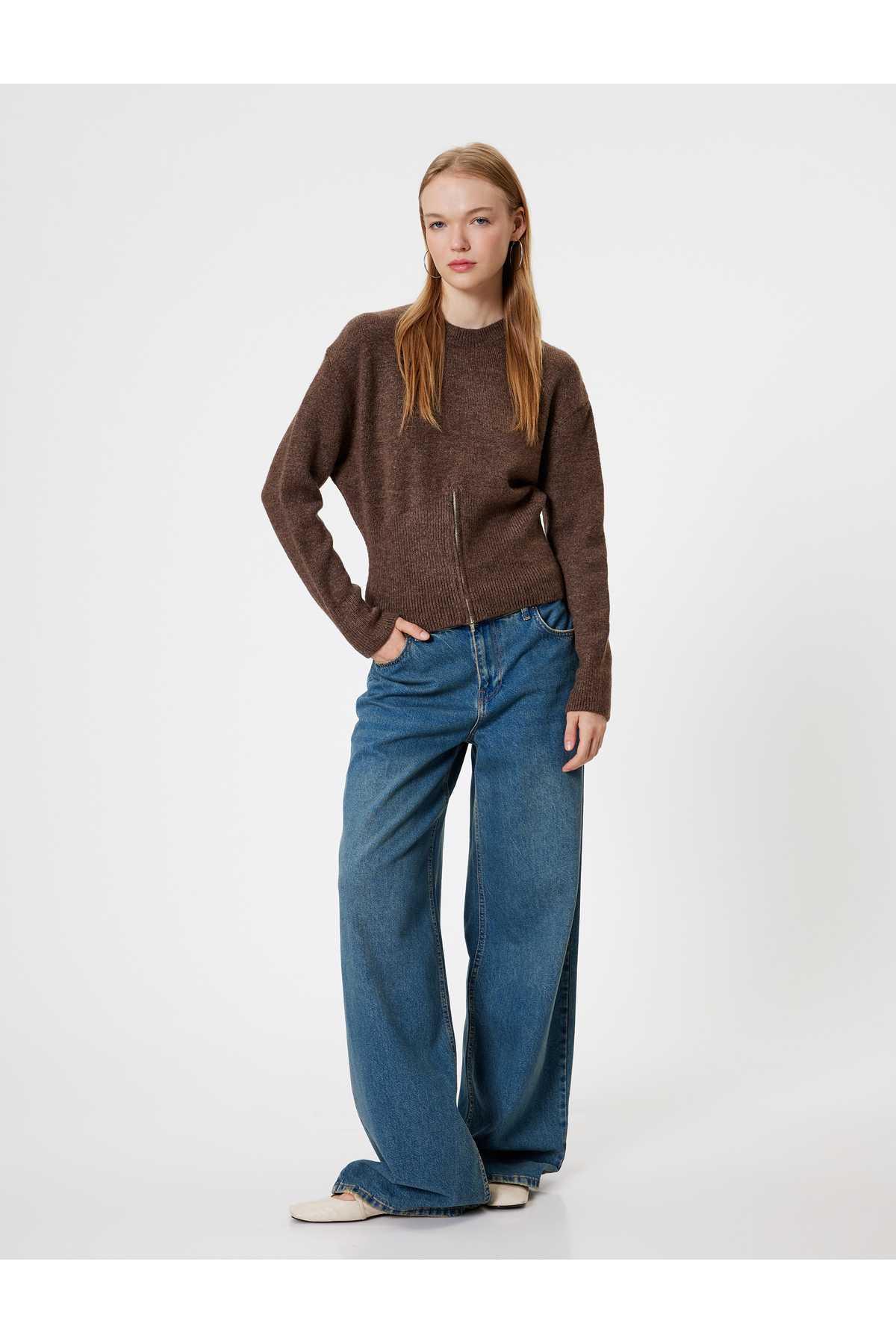 زیپ پلیور یقه خدمه آستین بلند با بافت نرم