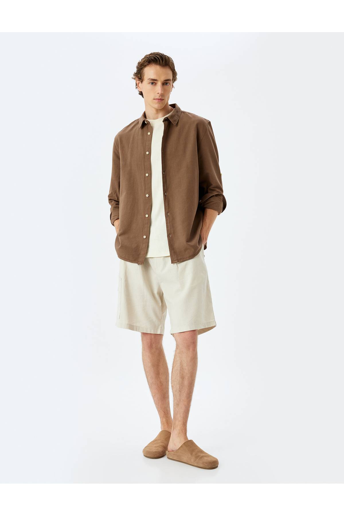 شلوارک ترکیبی کتانی برمودا چینو با جزئیات جیبی