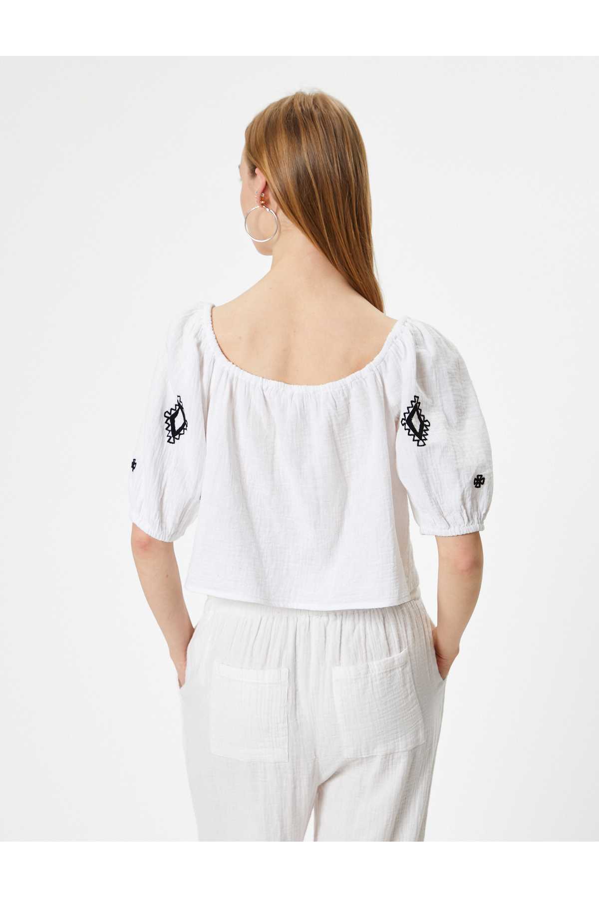 بلوز بازوی بادکنک آستین کوتاه گلدوزی U Yaka