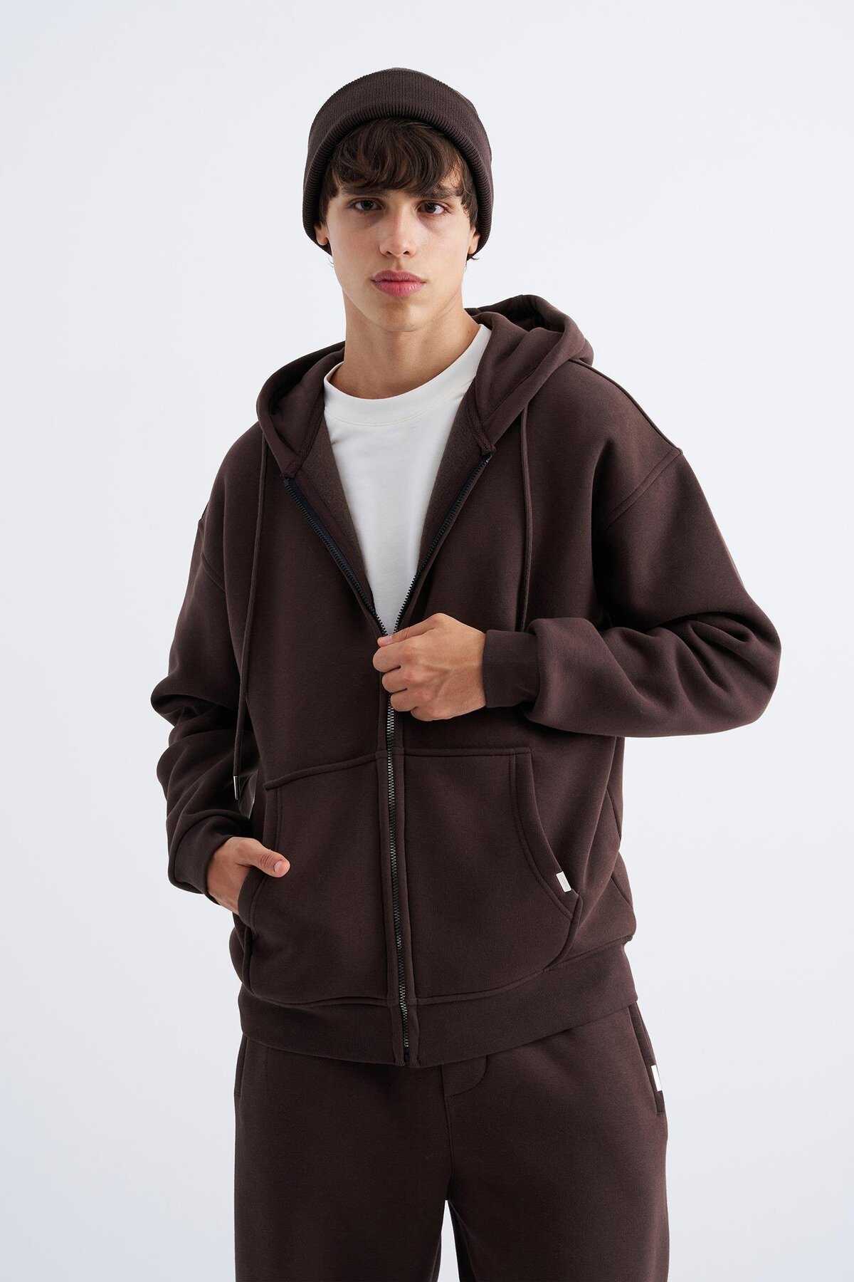 سویشرت ساده زیپ دار جیب دار یاسی یخی