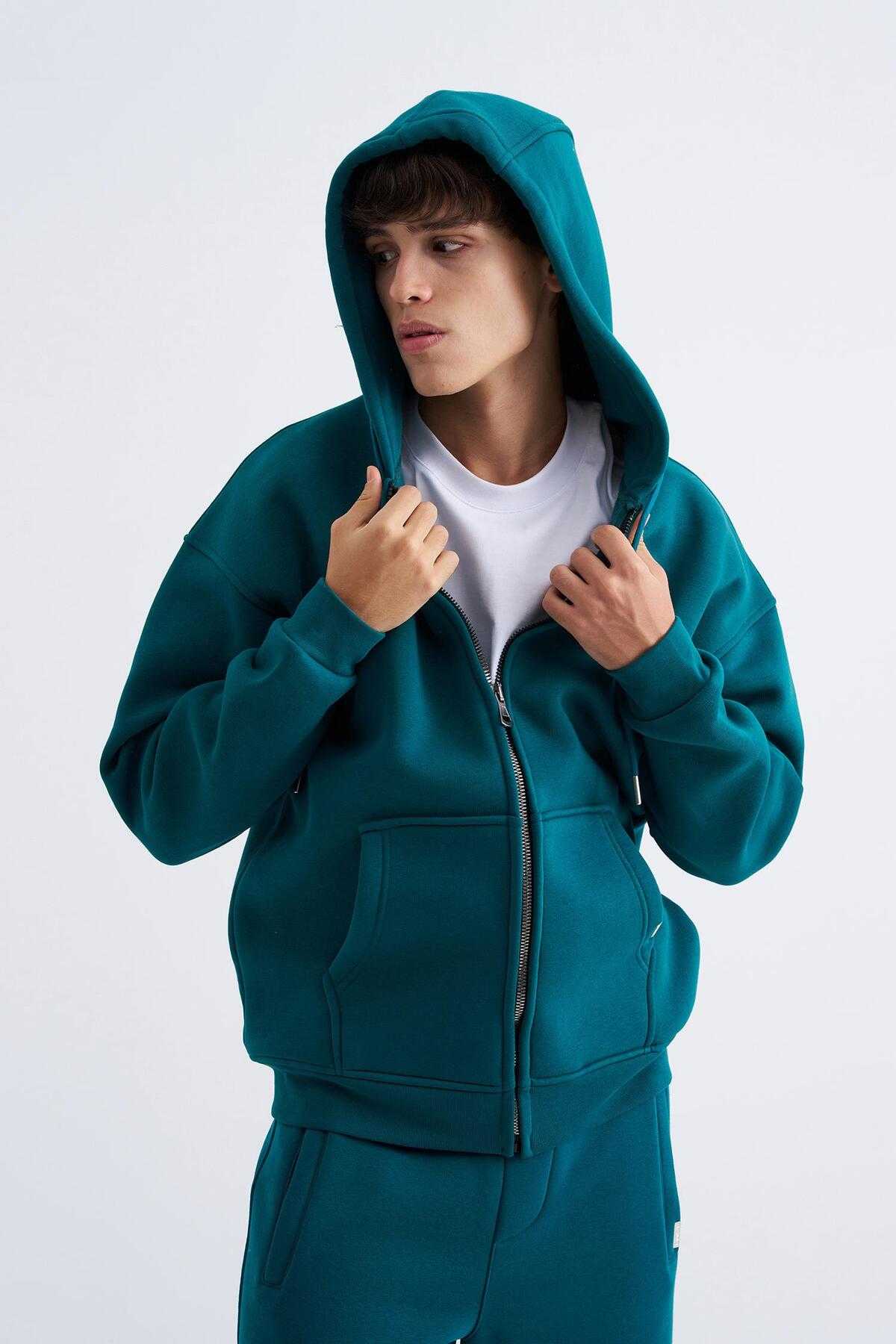 سویشرت ساده زیپ دار جیب دار یاسی یخی