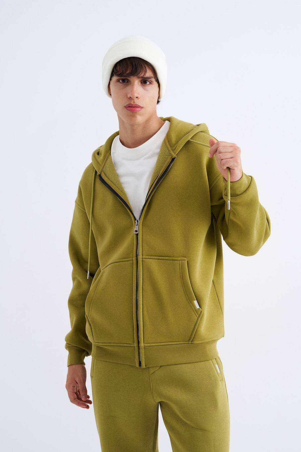 سویشرت ساده زیپ دار جیب دار یاسی یخی