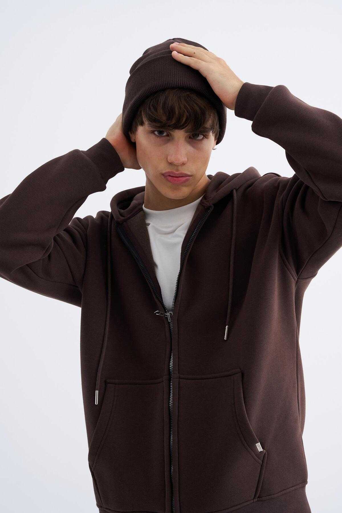 سویشرت ساده زیپ دار جیب دار یاسی یخی