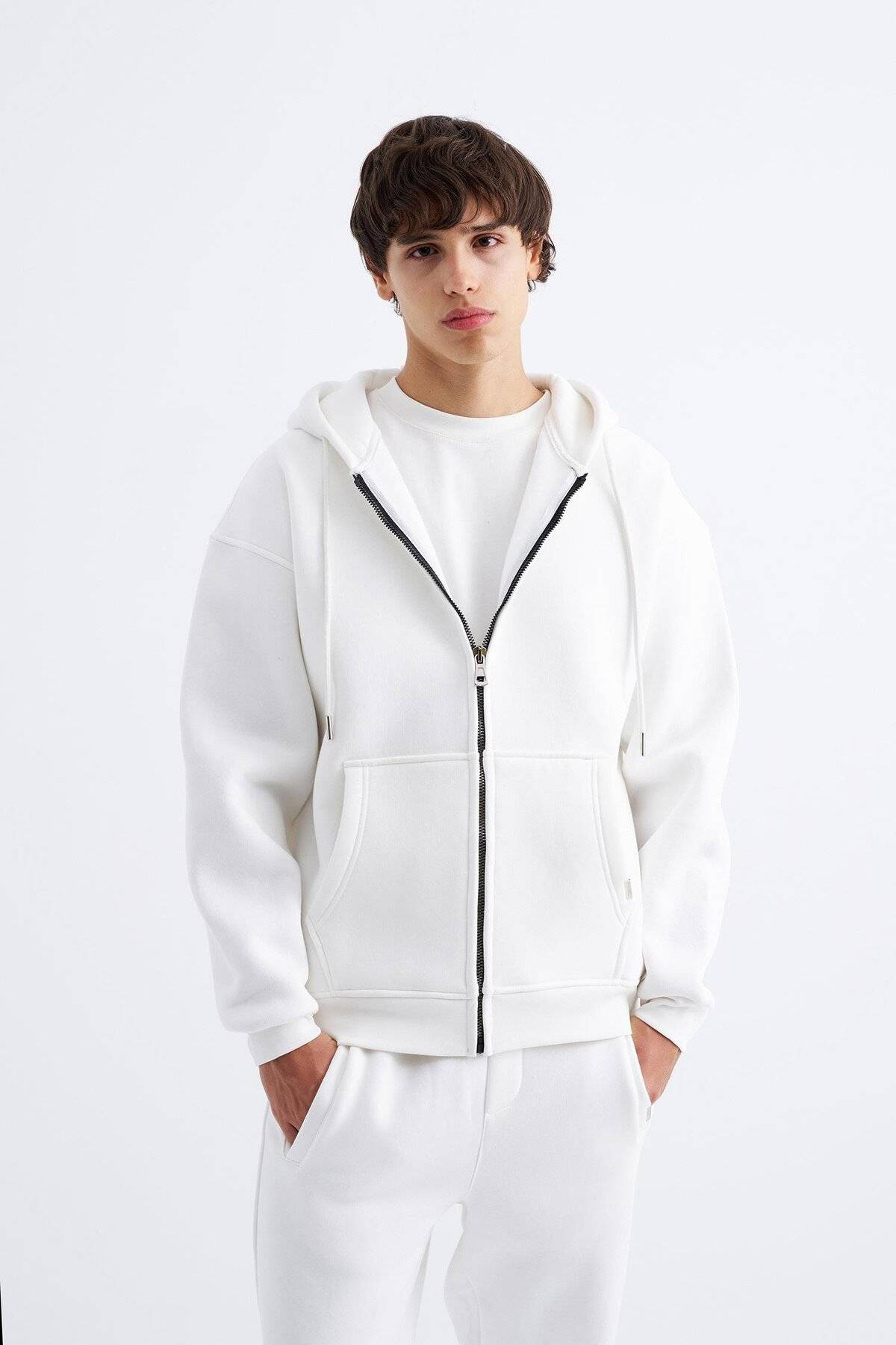 سویشرت ساده زیپ دار جیب دار یاسی یخی