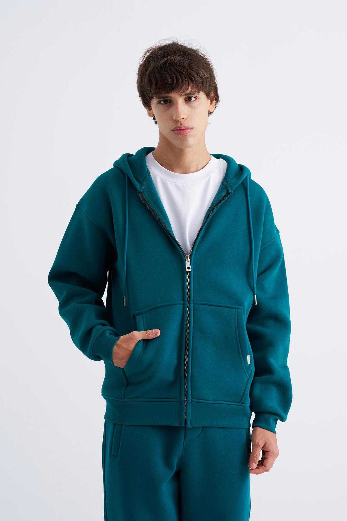 سویشرت ساده زیپ دار جیب دار یاسی یخی