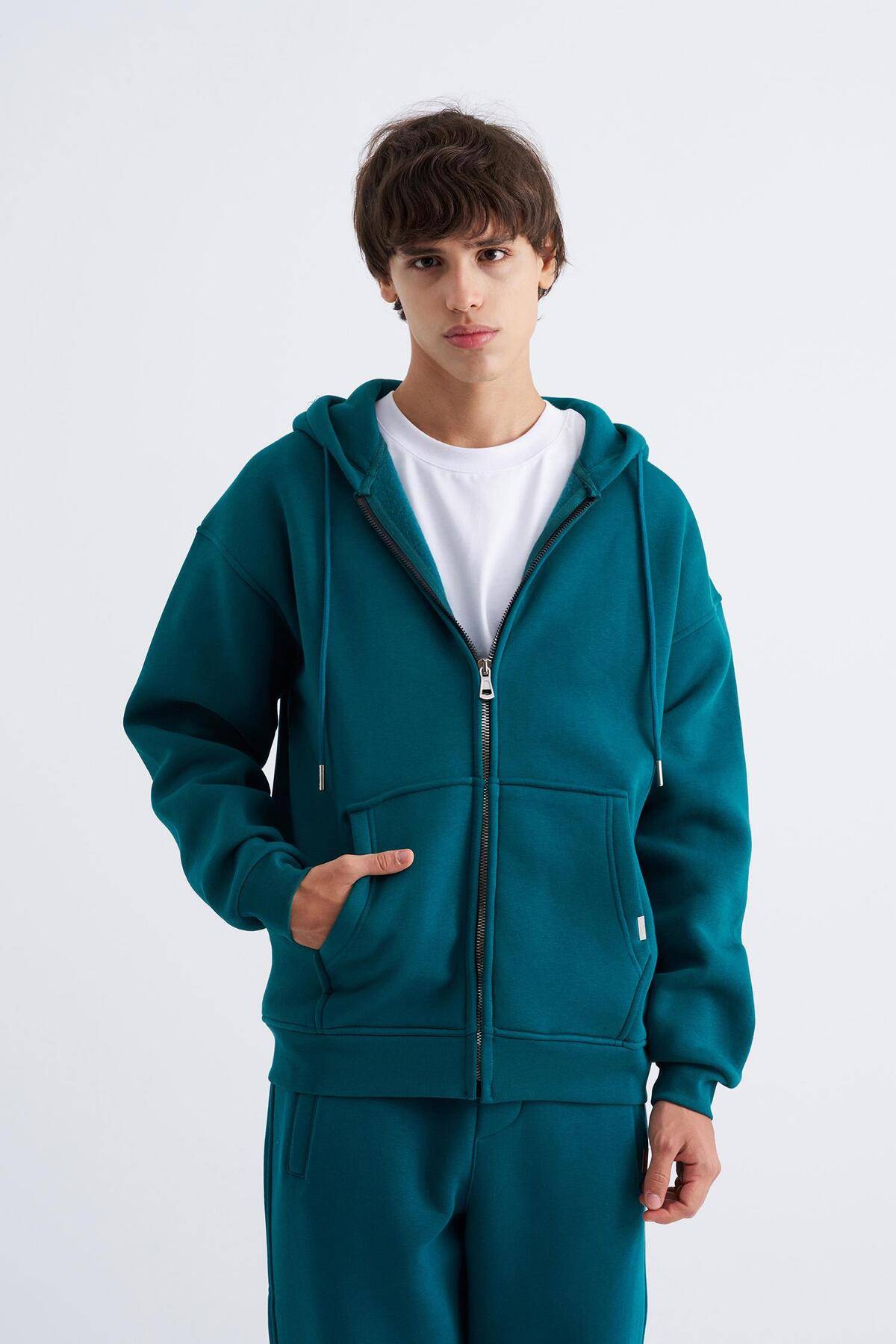 سویشرت ساده زیپ دار جیب دار یاسی یخی