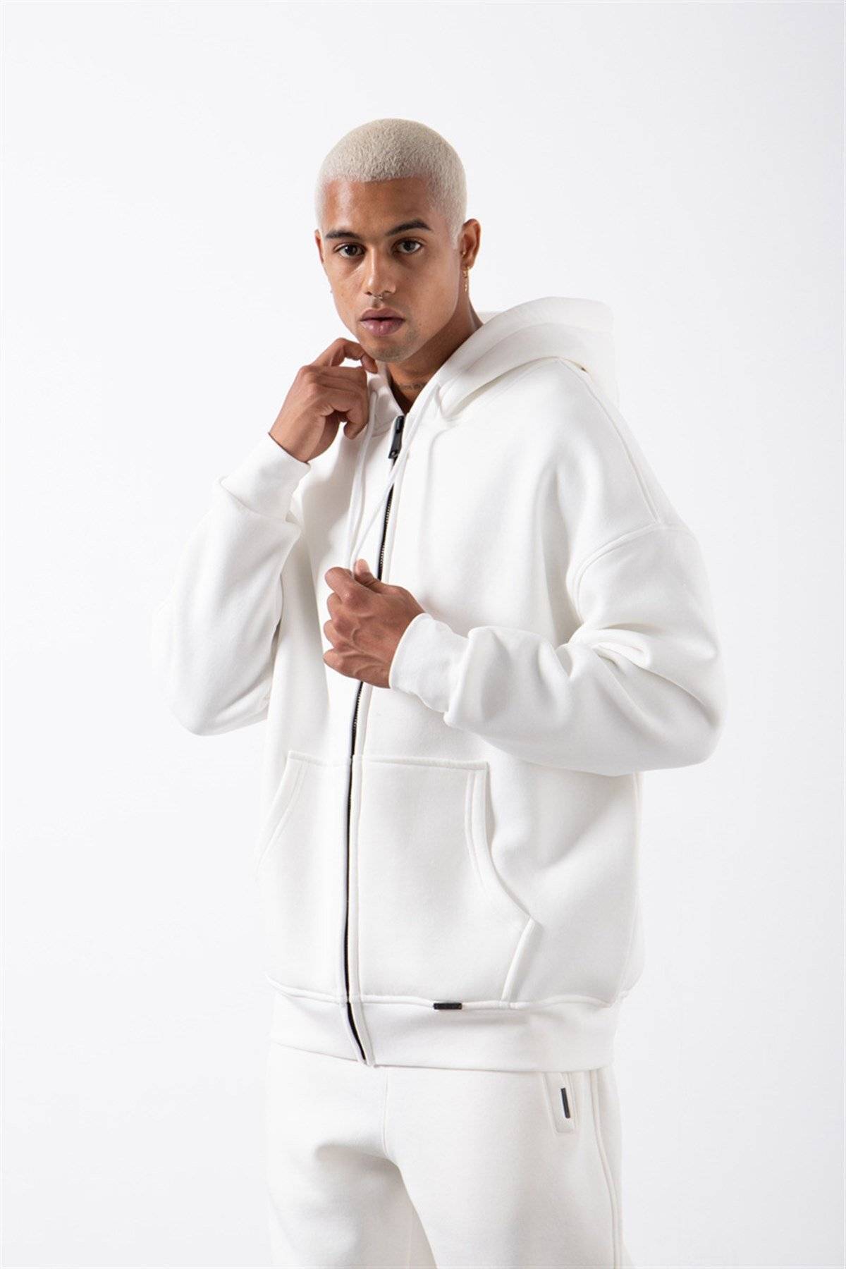 سویشرت ساده زیپ دار جیب دار یاسی یخی