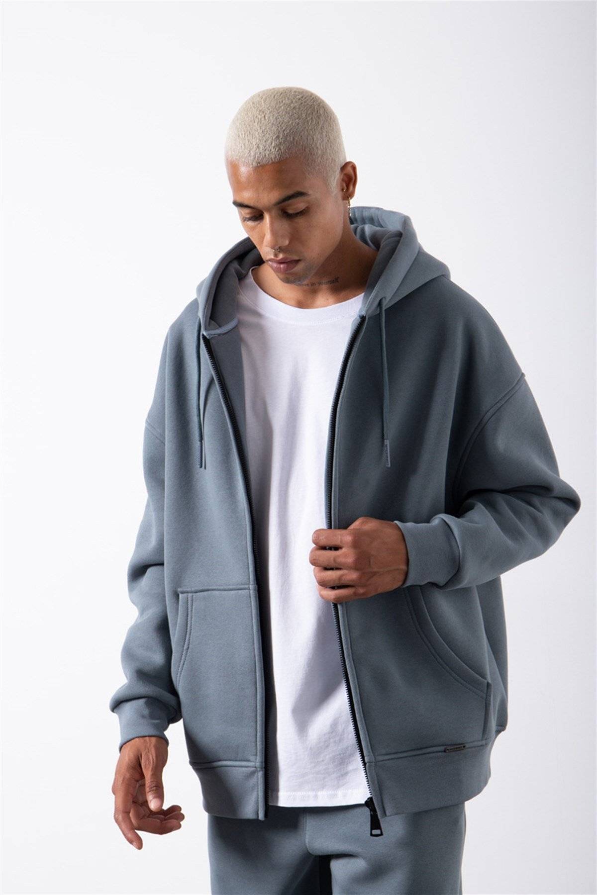 سویشرت ساده زیپ دار جیب دار یاسی یخی